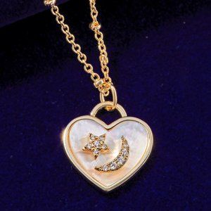 Champagne Gold Necklace with Mother Of Pearl, Heart with Star and Moon